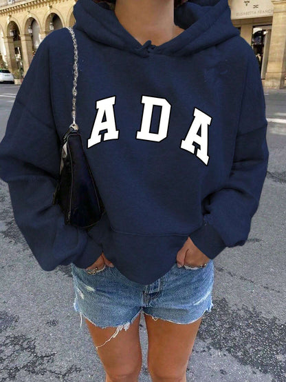 Letter Print Fleece Lined Hooded Sweatshirt