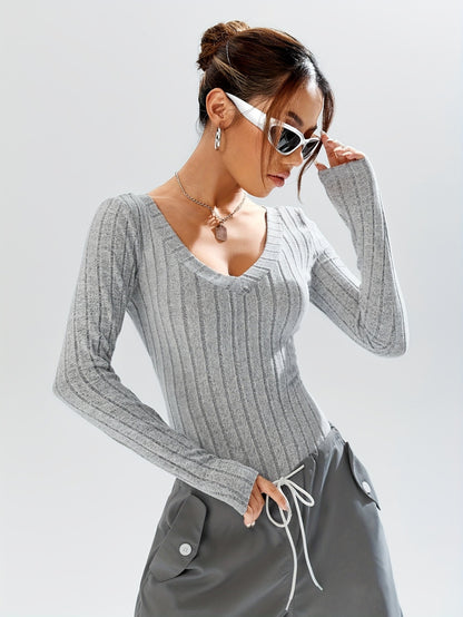 Solid color deep V neck chest-baring striped long sleeves