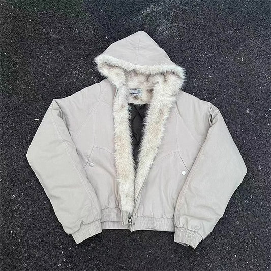Hooded cotton-padded jacket with a fur collar