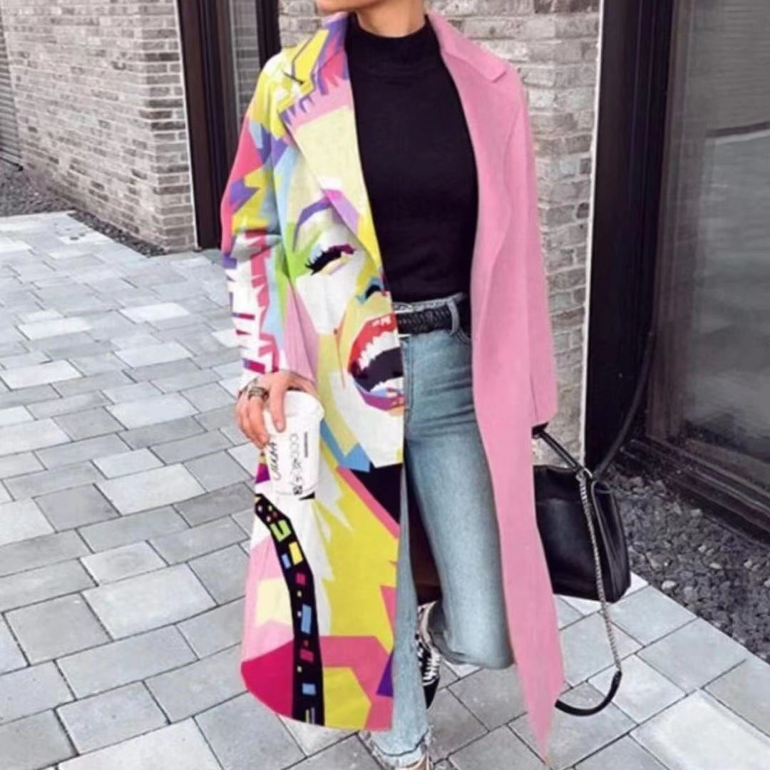 Women's Printed Woolen Lapel Coat