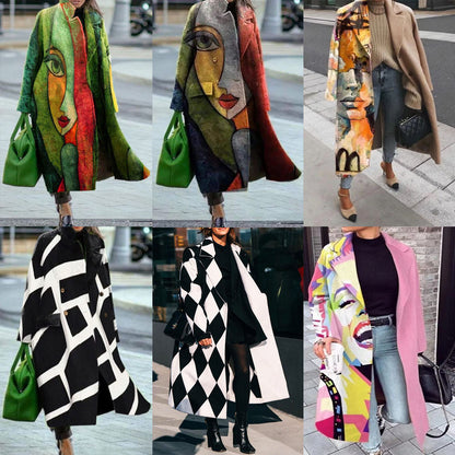 Women's Printed Woolen Lapel Coat