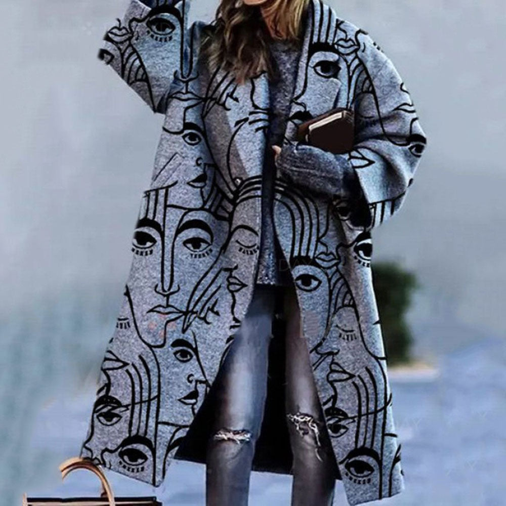 Women's Printed Woolen Lapel Coat